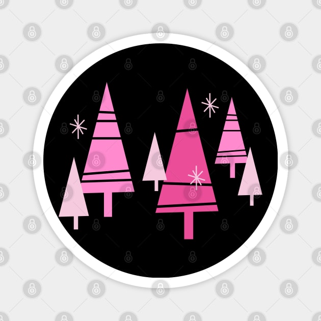 Retro Christmas Trees Pink - Mid Century Modern Black Magnet by PUFFYP